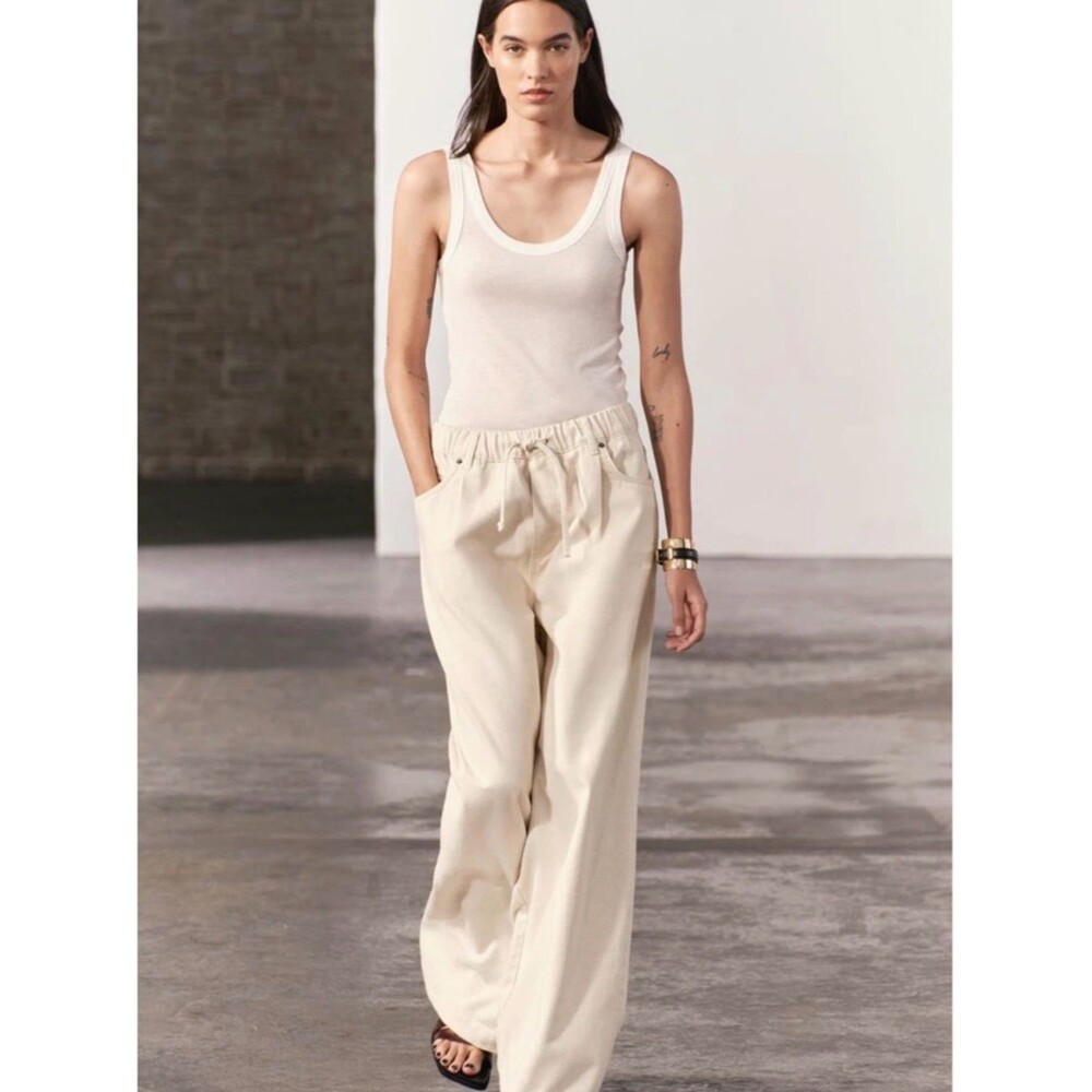 Zara Wide Leg Pants Cream White Drawstring Elastic 100% Cotton XL Crop Pockets
